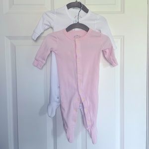 Primary 2pc 100% organic cotton button footie - 1 Blush + 1 White (Size 0-3m)